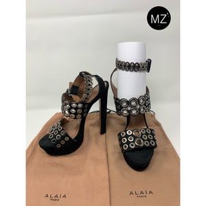 ALAÏA Black Silver Stud Suede Platform Sandals